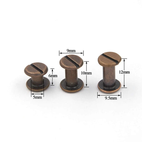 Knockout Red Copper Leather Rivet Assorted Kit With Slick Slotted And Phillips Head Bookbinding Posts sizes 5mm 6mm 10mm displayed with dimensions.