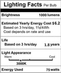 Lighting facts label for PAR30 Flood Light 75W Long Neck Dimmable Bulbs, 1000 Lumens, 3000K Warm White, E26 Base, Pack Of 6
