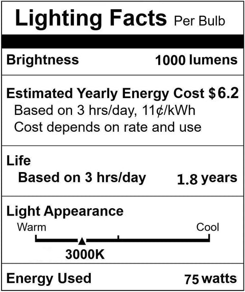 Lighting facts label for PAR30 Flood Light 75W Long Neck Dimmable Bulbs, 1000 Lumens, 3000K Warm White, E26 Base, Pack Of 6