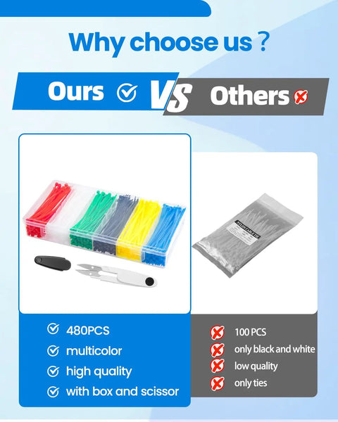 Heavy Duty Zip Ties Kit With Storage Box And Scissors 480 Pack 4 Inch Nylon 66 Cable Ties In Assorted Colors vs competitor