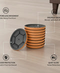 Stack of Round Furniture Sliders Three Point Five Four Inch PEVA Pads For Hardwood Tile And Laminate Floors next to sofa leg
