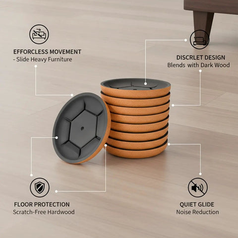 Stack of Round Furniture Sliders Three Point Five Four Inch PEVA Pads For Hardwood Tile And Laminate Floors next to sofa leg