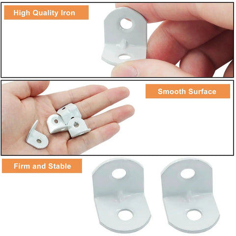 Forty Piece Heavy Duty White L Bracket Corner Brace Kit With Screws solid metal brackets showing high quality and smooth surface.