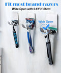 Razor Holder For Shower, Self Adhesive Stainless Steel Razor Hook Hanger holding three razors, 4 pack shown on bathroom wall.