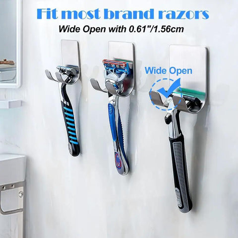 Razor Holder For Shower, Self Adhesive Stainless Steel Razor Hook Hanger holding three razors, 4 pack shown on bathroom wall.