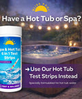 7 In 1 Pool Test Strips With App 150 Count Extra Long Strips for chlorine pH alkalinity hardness with hot tub in background.