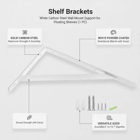 Diagram of Heavy Duty White Carbon Steel Wall Mount Shelf Bracket For Floating Shelves L Shaped Support with screws