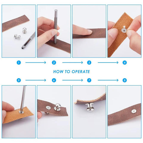 Demonstration of using Pro-Level Gear 64 Set Metal Button Studs With Screwback Design for leather projects.