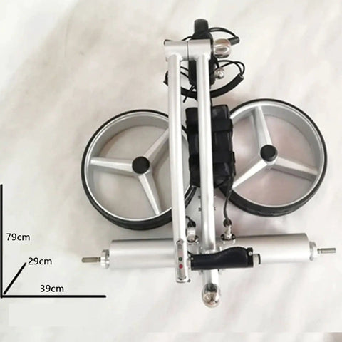 Compact Foldable Electric Golf Trolley With Dual Motors That Easily Crush 30 Degree Slopes showing wheels and frame dimensions.