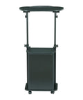 Front view of Adjustable Laptop Cart With Storage Rolling Mobile Workstation Desk With Cabinet Shelf And Locking Wheels For Home Office Or Classroom Sit To Stand Setup Ergonomic Height Adjustable Black.