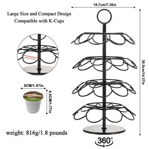 Coffee Pod Carousel Organizer With 360 Degree Revolving Base Holds 36 K Cup Pods Across Four Layers With Dimensions and Weight Shown