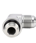One Half Inch 37 Degree Flare Male To SAE ORB 90 Degree Elbow Connector Built From Premium Carbon Steel Providing High Pressure Action And A Leak Free Seal For Industrial Machinery Needing Reliable Hydraulic Parts That Work Hard Daily In The Shop, front view
