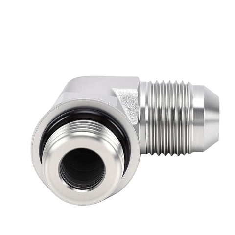 One Half Inch 37 Degree Flare Male To SAE ORB 90 Degree Elbow Connector Built From Premium Carbon Steel Providing High Pressure Action And A Leak Free Seal For Industrial Machinery Needing Reliable Hydraulic Parts That Work Hard Daily In The Shop, front view