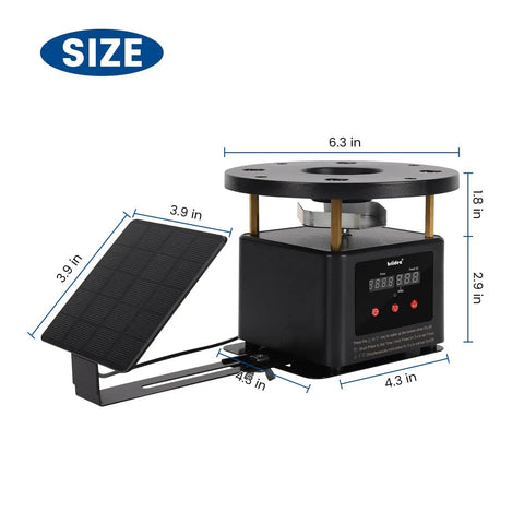 Set It Forget It Digital Auto Deer Feeder Timer Kit With Integrated Solar Panel and precise programming controls, showing dimensions.