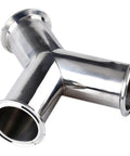 Y Shaped 3 Way Sanitary Pipe Fitting Tri Clamp 304 Stainless Steel Built Tough Durable Connector, front view, shiny finish