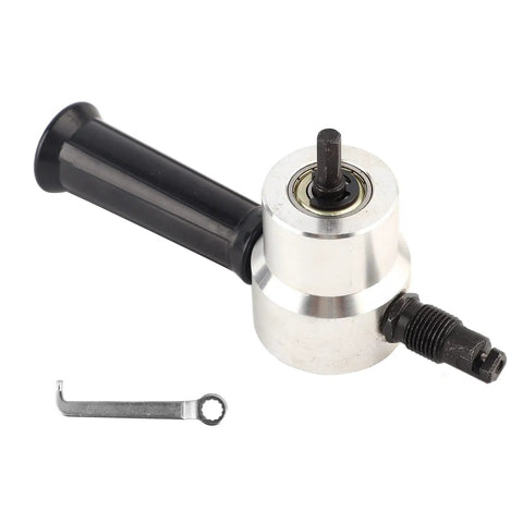 Fabater Dual Head Metal Nibbler Saw Cutter For Electric Drill showing aluminum body, black handle, and wrench attachment.