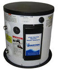 Kick Ass 6 Gallon 120V Water Heater For RV And Boat Showers Plus Galley Cooking, with a robust cylindrical design, electric connections, and safety labels.