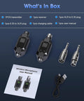 UHF Wireless XLR Microphone System with 262 ft range showing transmitter, receiver, XLR plugs, charging cable, and user manual.