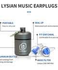 High Fidelity Concert Ear Plugs For Musicians And Festivals, Reusable 23dB Noise Reduction Ear Plugs Made From Soft TPE, Eco Friendly Two Pack For Live Shows, Raves And Events, Clear Music And Comfortable Fit shown with aluminum case