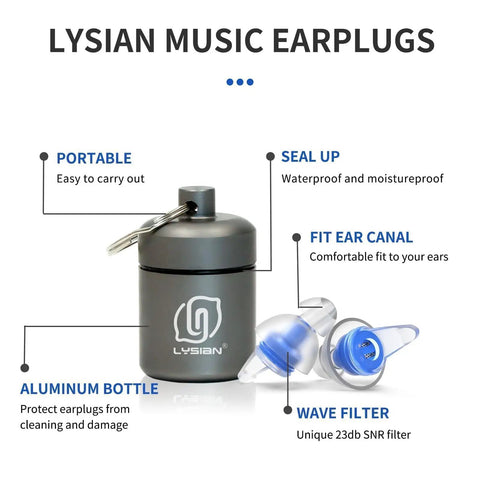 High Fidelity Concert Ear Plugs For Musicians And Festivals, Reusable 23dB Noise Reduction Ear Plugs Made From Soft TPE, Eco Friendly Two Pack For Live Shows, Raves And Events, Clear Music And Comfortable Fit shown with aluminum case