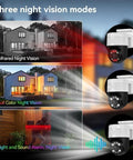 Total Game Changer 8MP 4K POE PTZ Security Camera Surveillance Kit showcasing three night vision modes on outdoor homes.