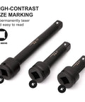 Three Quarter Inch Drive Impact Extension Bar Set In CR MO Steel With Black Oxide Finish Includes Four Inch Six Inch And Ten Inch Socket Extensions