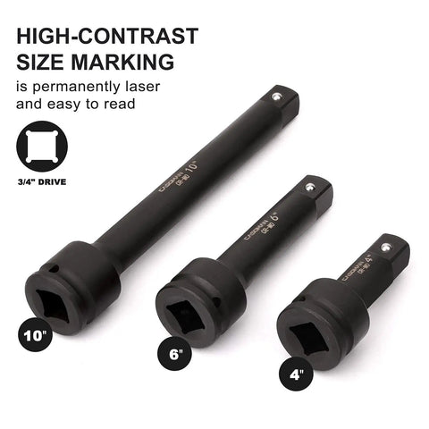 Three Quarter Inch Drive Impact Extension Bar Set In CR MO Steel With Black Oxide Finish Includes Four Inch Six Inch And Ten Inch Socket Extensions