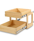 Premium Two Tier Pull Out Cabinet Organizer Featuring Ball Bearings And Smooth Glide Slide Out Drawer For No Sweat Assembly Tons Of Room Under Counter Kitchen Pantry Storage Solution Fits 17 Wide with natural wood finish.
