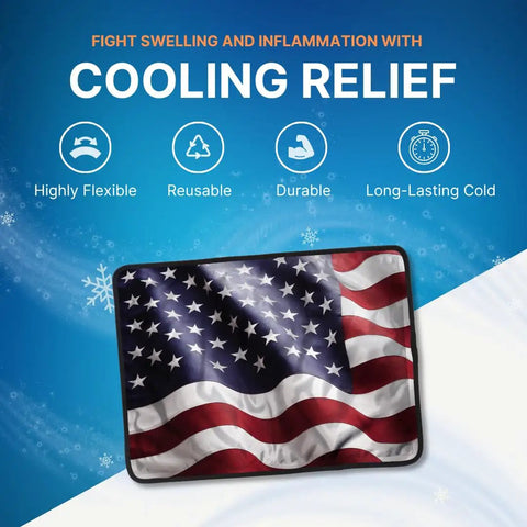 American Flag Gel Ice Pack For Injuries And Cold Therapy Reusable Large Ice Pack 10.5 By 14.5 Inches displayed on icy background