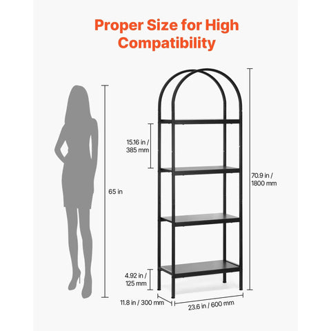 Tall Freestanding Arched 4 Tier Open Storage Shelf With Heavy Duty Metal Frame Industrial Display Unit Black Book Organizer dimensions