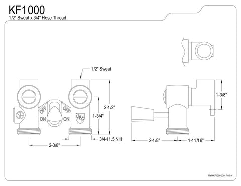 Technical diagram of Dual Outlet Brass Washing Machine Shutoff Valve with 1/2 inch sweat inlet and 3/4 inch hose thread.
