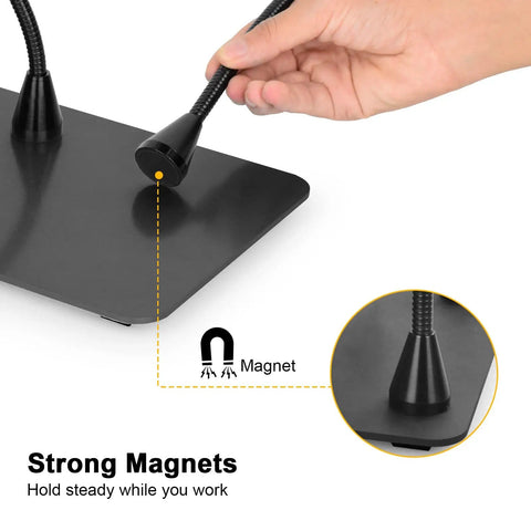Close-up of magnetic base and flexible arm of Heavy Duty Magnetic Soldering Third Hand With Three LED Magnifying Lamp And 360 Degree Hot Air Gun Holder Extra Large Steel Base And Flexible Arms For Soldering Stations Stability For Precision PCB Work.