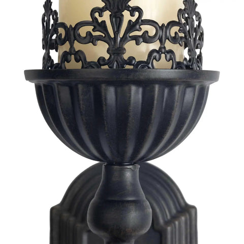 Close-up of a black gothic wall sconce, handcrafted iron crown design for taper candles, Kick Up Your Living Room Vibe With These Dope Black Gothic Wall Sconces Set Of Two Handcrafted Iron Crown And Scepter Candle Holders For Vintage Home Decor Style.