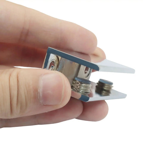 Close-up of Two Pack Heavy Duty Glass Shelf Brackets With Adjustable Clamp Clips For 10 To 12mm Glass, Square Wall Mounts