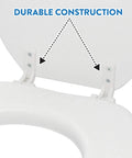 Close-up of Plush Cushioned Toilet Seat in Desert White for Elongated Bathrooms showing durable construction hinges.