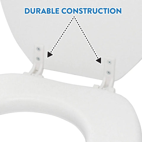 Close-up of Plush Cushioned Toilet Seat in Desert White for Elongated Bathrooms showing durable construction hinges.