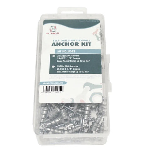 Self Drilling Drywall Anchors Kit With Screws 100 Piece Set All In One Two Size Pack in clear plastic box