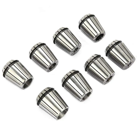 Built Tough ER32 Manganese Steel CNC Collet Chuck Set, eight precision tool holders arranged, shiny and robust.