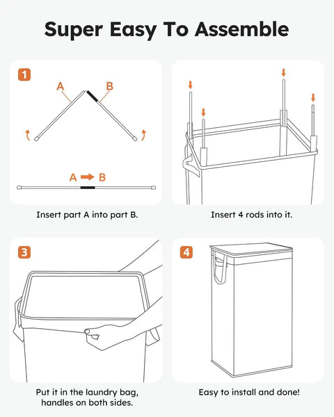 Assembly steps for Big Ol 100L Large Laundry Basket With Removable Bag And Lid, showing rods and basket setup, off white color.