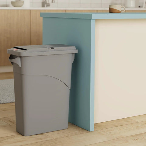 Slim Jim Confidential Doc Trash Can With Locking Lid, 16 Gallon, Gray, beside kitchen counter