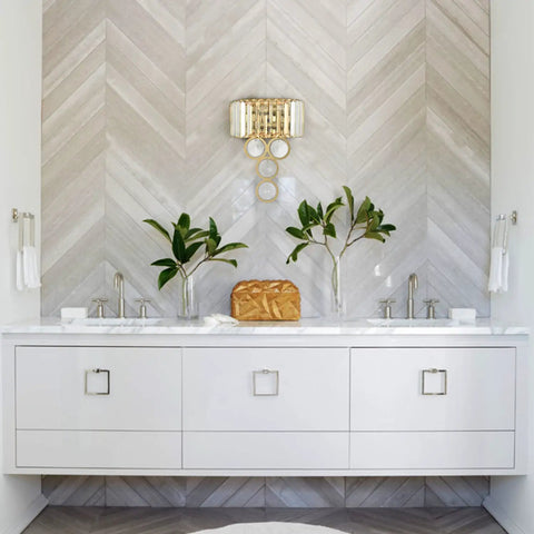 Modern bathroom with Gold Crystal Wall Sconce With Beveled Prisms Dimmable 2 Light Premium Vibe Wall Lighting above dual sinks.
