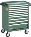 Green Rolling Tool Cabinet With Ten Drawers Including Six Shallow, Three Medium, And One Tall, 22-1/2 Inches Wide By 14-7/8 Inches Deep