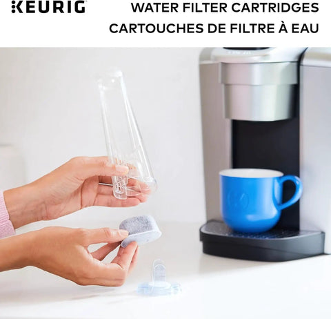 Hands inserting Water Filter Refills For 2.0 K-Cup Pod Coffee Makers, 6 Count Replacement Cartridges, BPA Free, into Keurig machine.