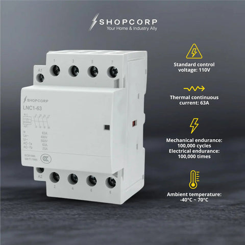 4 Pole AC Contactor With 120V Coil Normally Open, 60A IEC 400V Rating on gray background showing specs and features