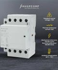 Close-up of white 8 Pole Contactor Bundle with Dual 4 Pole NO AC Contactors 120V Coil Heavy Duty 50 Amp IEC 400V Rating showing features.