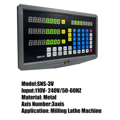 3 Axis Digital Readout Panel With Color LCD Display For Milling Lathe And Grinder Your Go To Wire EDM Drilling Boring And Turning Readouts Wide Voltage AC 80 To 250V Easy To Pair With Most Linear Scales Fast And Reliable showing model SNS-3V