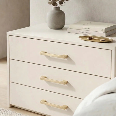 Close-up of dresser with 10 Pack Classic Cupboard Cabinet Handles For Modern Kitchen Drawers Pulls Brushed Brass Sleek 5 Inch 128mm.