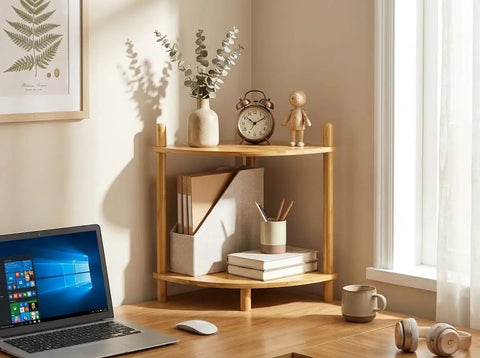 Expandable Bamboo Corner Shelf Stand 2 To 5 Tier Bookshelf For Living Room, Home Office, And Garage, shown as desktop organizer