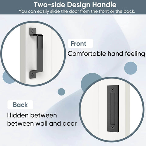 Front and back view of handle on 36x84 Inch White Primed Sliding Barn Door With 6 Ft Hardware Kit And Handle, One-Panel Solid Core Composite Interior Door Slab, Paintable Surface, Preassembled For Easy No-Fuss Install, Durable And Sturdy.