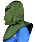 Side view of Sand Blasting Hood Cap With Canvas Shawl Protective Gear Mask Anti Dust Hood For Spraying Sanding Cutting And DIY Painting